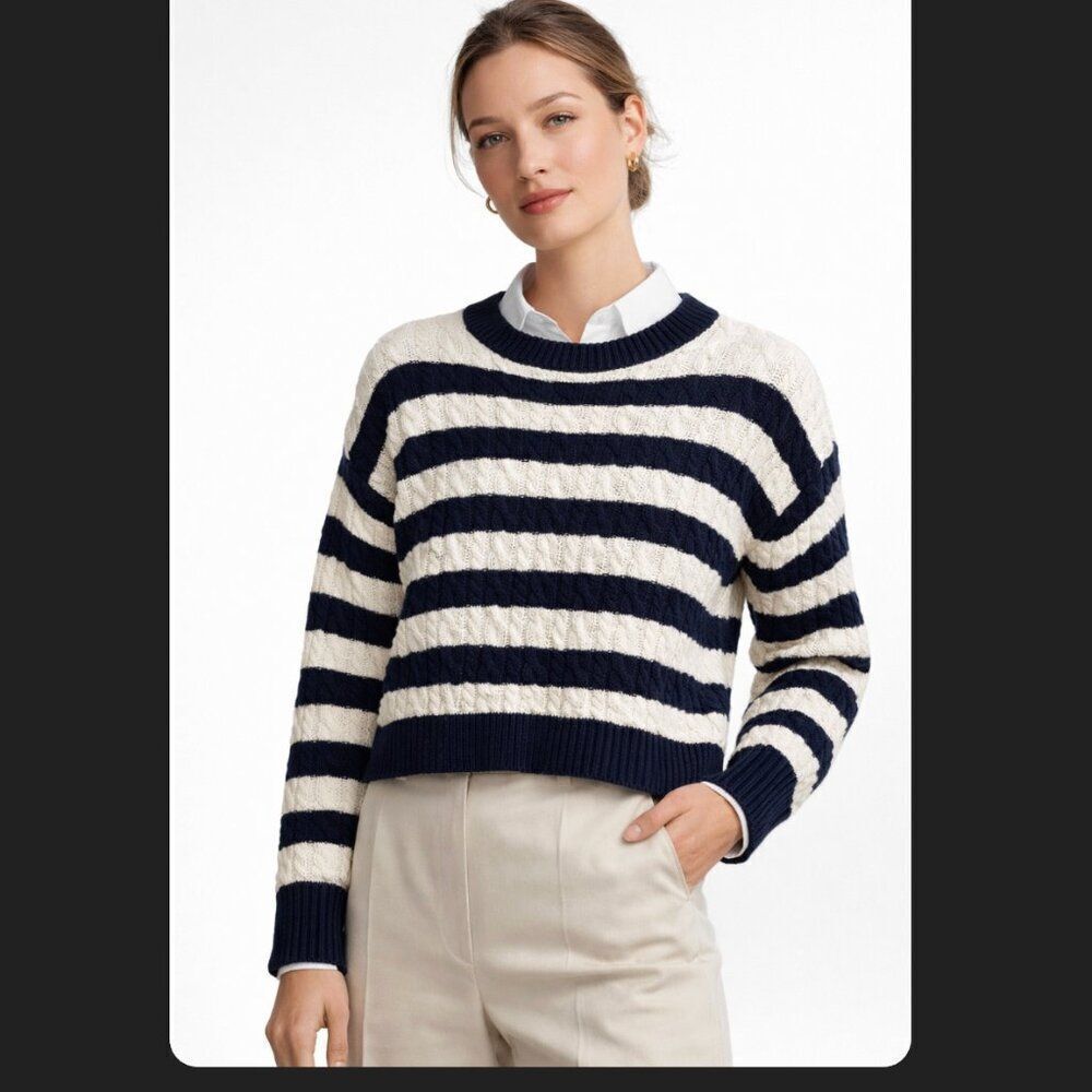 Sage + Stone Navy White Striped Cable Knit Sweater Boxy Preppy Cotton Small